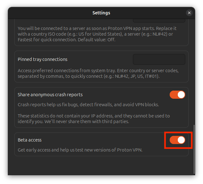 Toggle beta access on